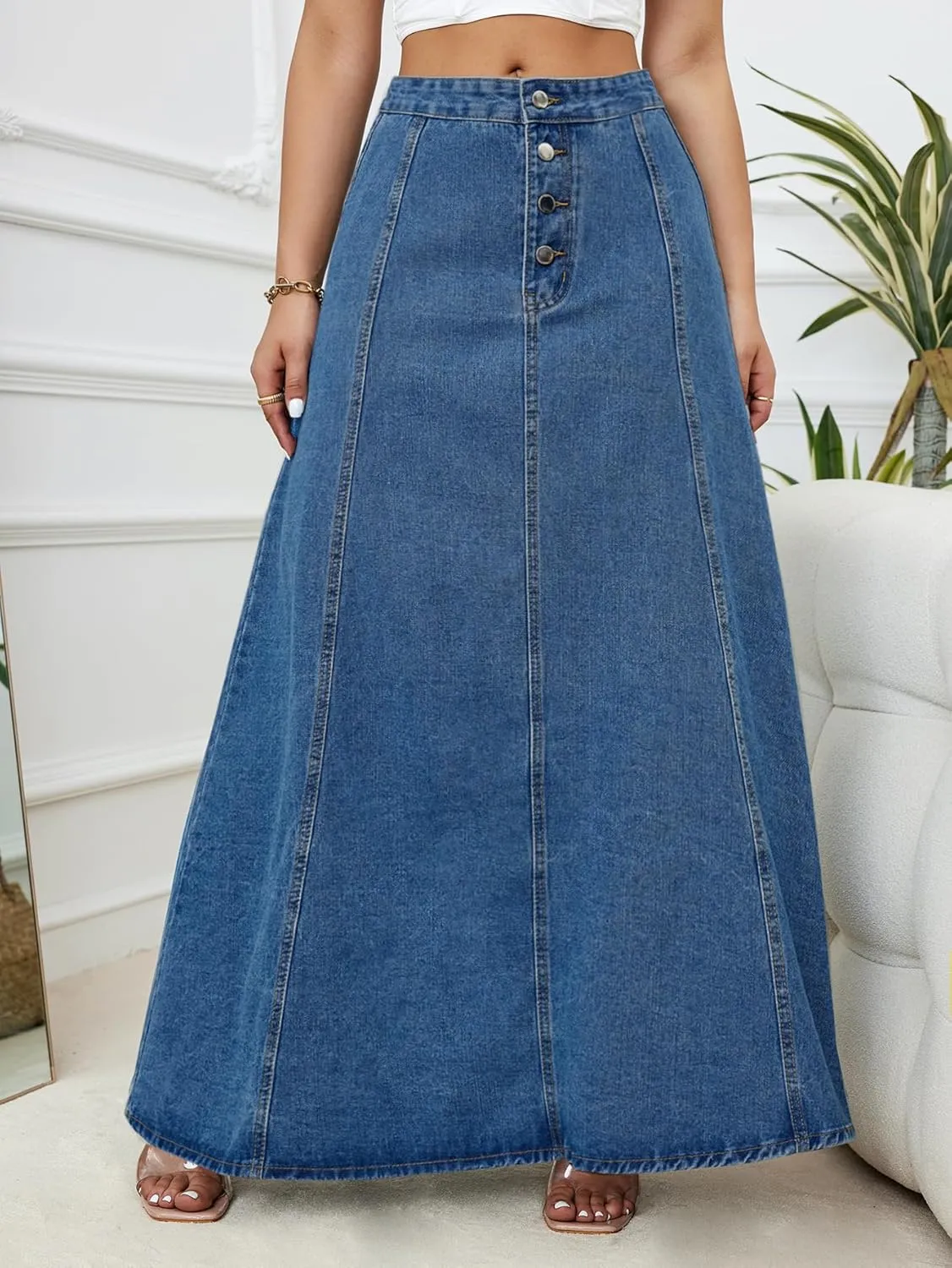 Women's High Waist Maxi Denim Skirt Button Front Patchwork Long A Line Jean Skirts