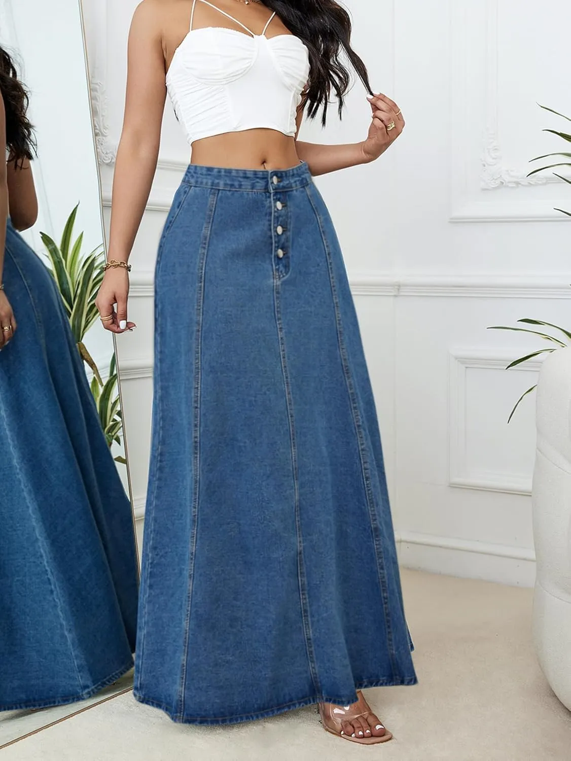Women's High Waist Maxi Denim Skirt Button Front Patchwork Long A Line Jean Skirts