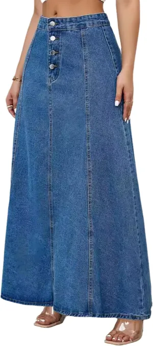Women's High Waist Maxi Denim Skirt Button Front Patchwork Long A Line Jean Skirts