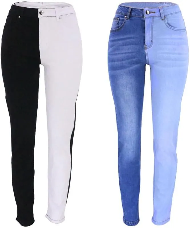 Womens High Waist Two Tone Jeans Colorblock Stretch Skinny Straight Leg Jeans Y2K Denim Pants Trousers for Girl