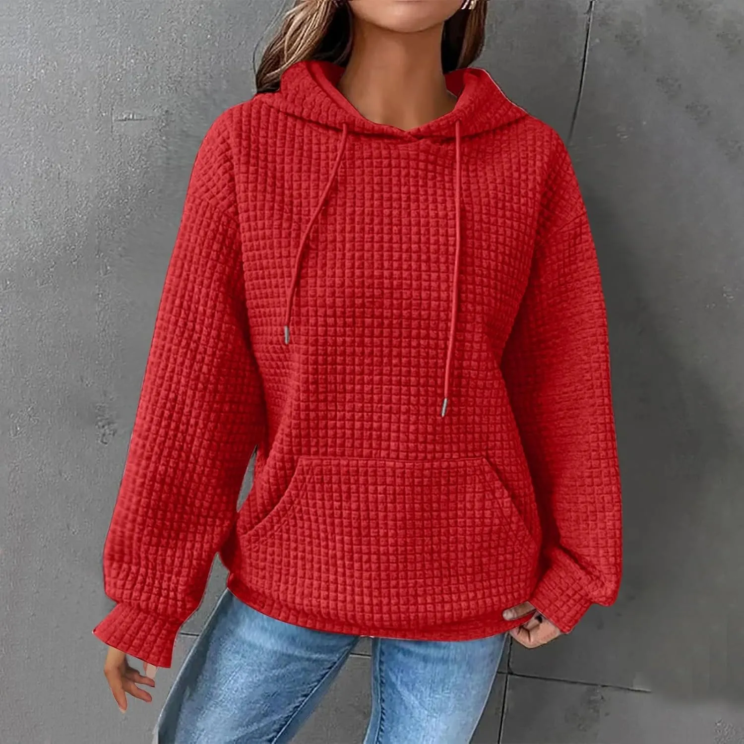 Womens Hoodies Waffle Knit Pullover Tops Loose Hoodie Casual Long Sleeve Drawstring Sweatshirt with Kangaroo Pocket