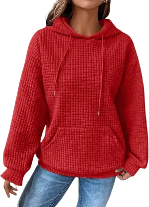 Womens Hoodies Waffle Knit Pullover Tops Loose Hoodie Casual Long Sleeve Drawstring Sweatshirt with Kangaroo Pocket