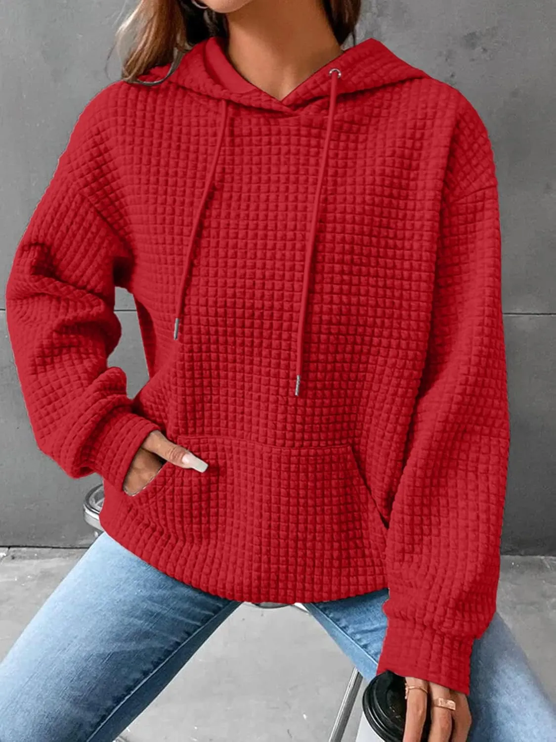 Womens Hoodies Waffle Knit Pullover Tops Loose Hoodie Casual Long Sleeve Drawstring Sweatshirt with Kangaroo Pocket