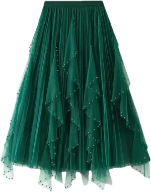 Women's Irregular Beaded Tulle Skirts Summer Korean High Waist Mesh Pleated Midi Skirts