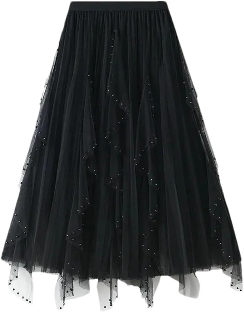 Women's Irregular Beaded Tulle Skirts Summer Korean High Waist Mesh Pleated Midi Skirts