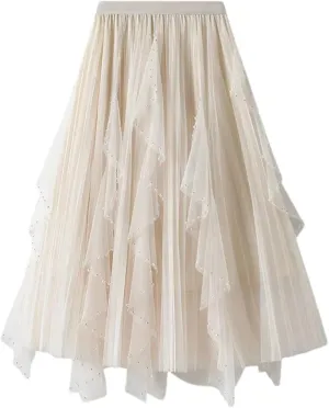 Women's Irregular Beaded Tulle Skirts Summer Korean High Waist Mesh Pleated Midi Skirts
