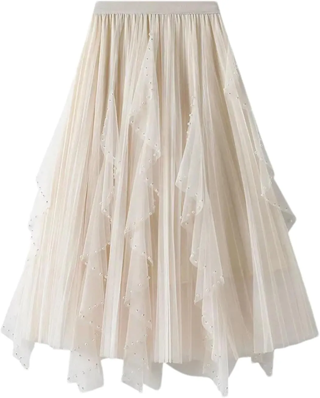 Women's Irregular Beaded Tulle Skirts Summer Korean High Waist Mesh Pleated Midi Skirts