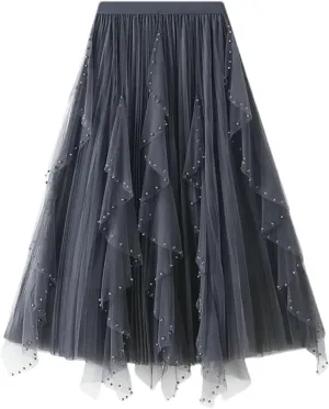 Women's Irregular Beaded Tulle Skirts Summer Korean High Waist Mesh Pleated Midi Skirts