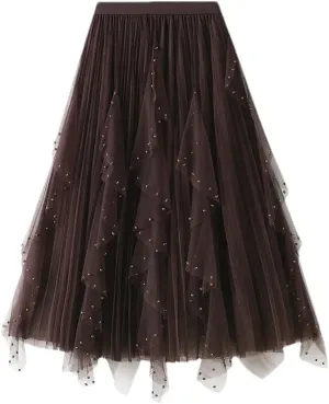Women's Irregular Beaded Tulle Skirts Summer Korean High Waist Mesh Pleated Midi Skirts