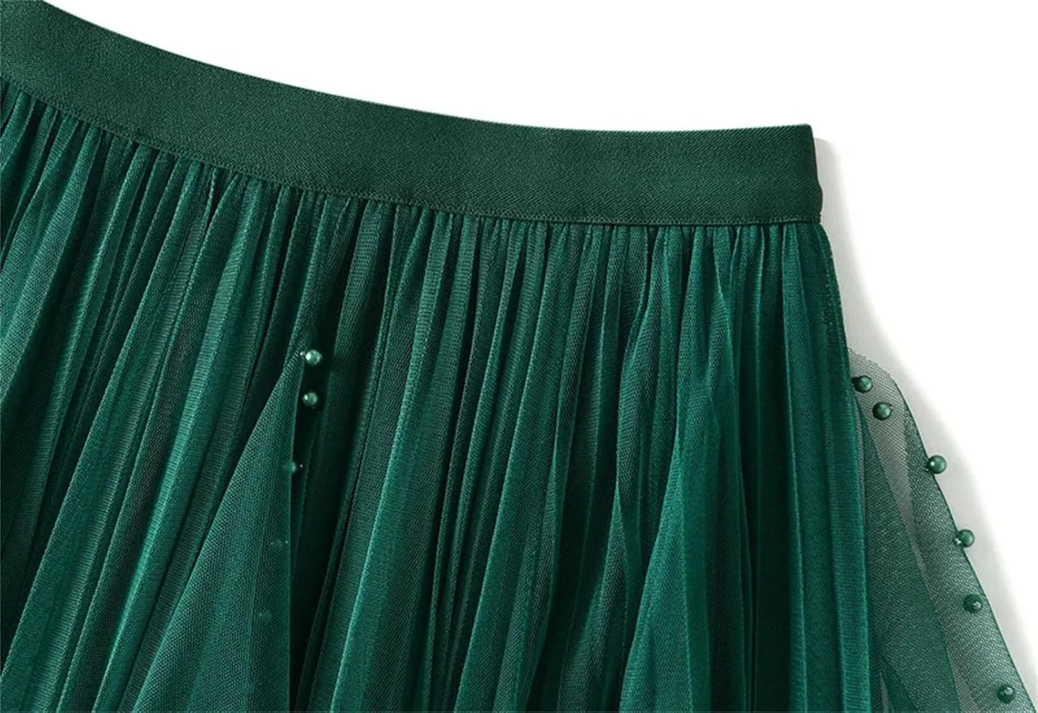 Women's Irregular Beaded Tulle Skirts Summer Korean High Waist Mesh Pleated Midi Skirts
