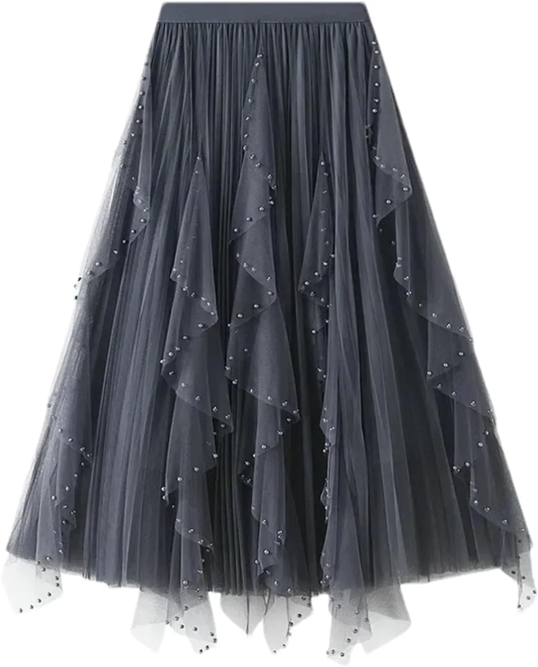 Women's Irregular Beaded Tulle Skirts Summer Korean High Waist Mesh Pleated Midi Skirts