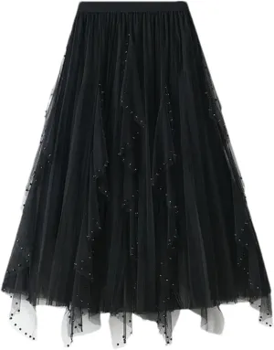 Women's Irregular Beaded Tulle Skirts Summer Korean High Waist Mesh Pleated Midi Skirts