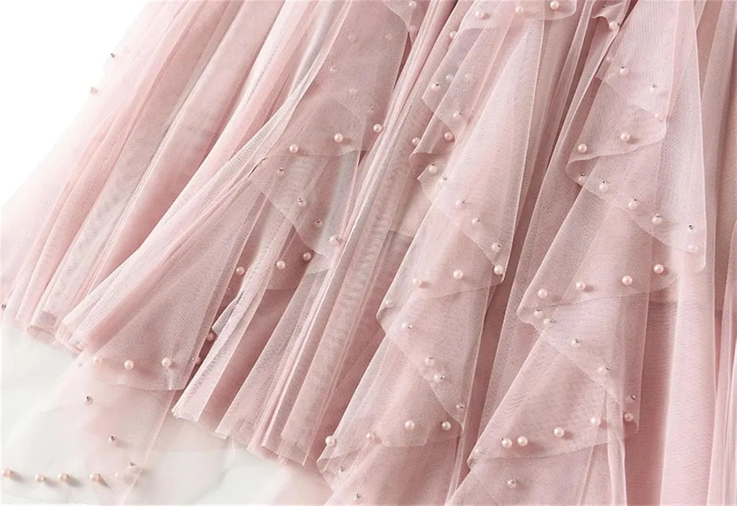 Women's Irregular Beaded Tulle Skirts Summer Korean High Waist Mesh Pleated Midi Skirts