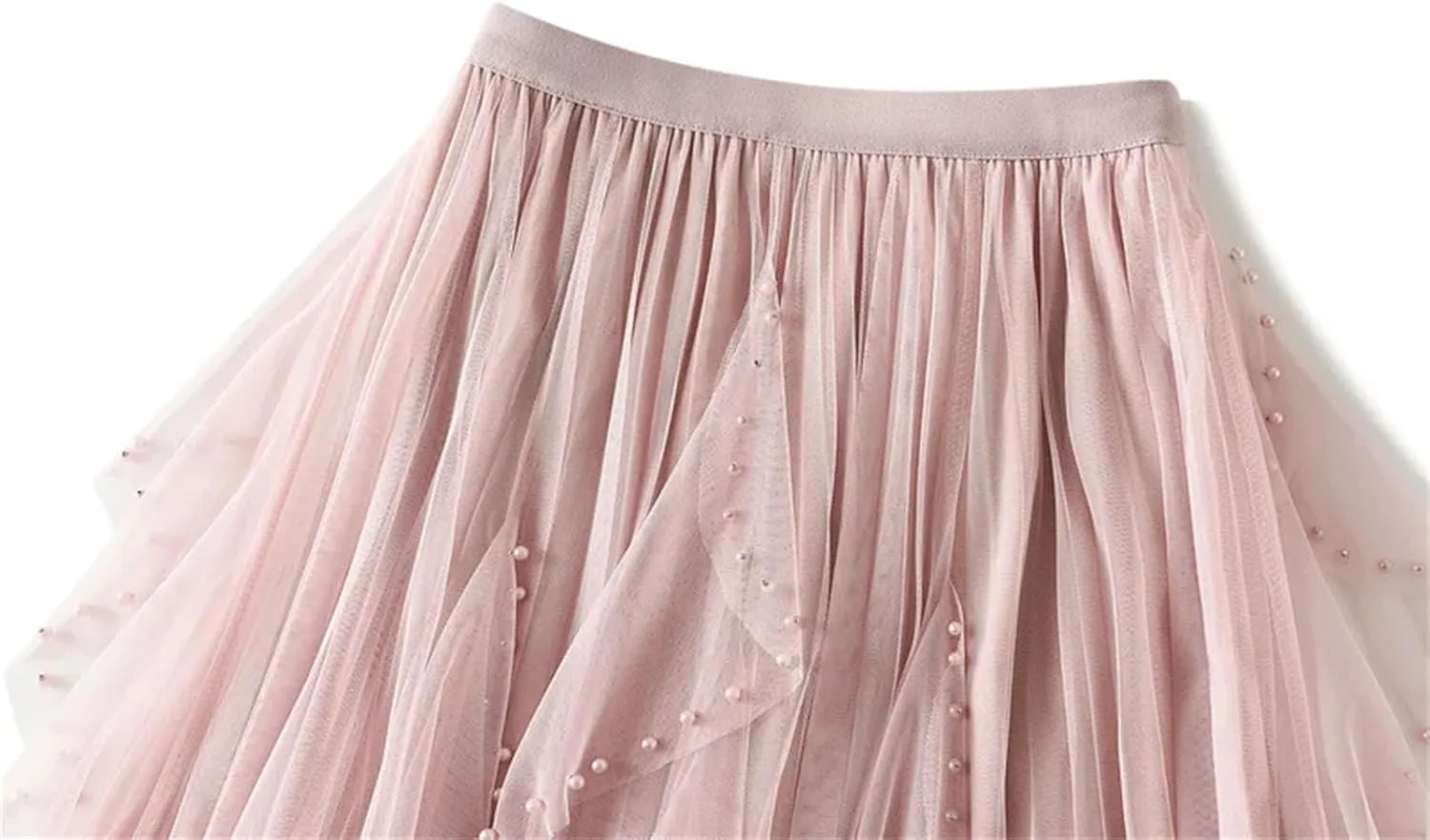 Women's Irregular Beaded Tulle Skirts Summer Korean High Waist Mesh Pleated Midi Skirts