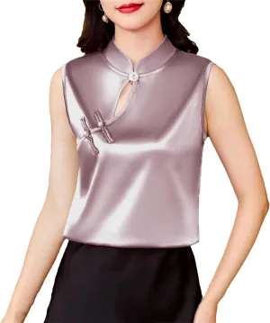 Women's Lightweight Sleeveless Satin Blouse Mandarin Collar Tank Top with Hollow Breathable Summer Camisole