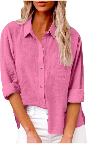 Womens Linen Button Down Shirts Spring Casual Long Sleeve Solid Color Shirts Loose Summer Cute Tees Outfits Blouse