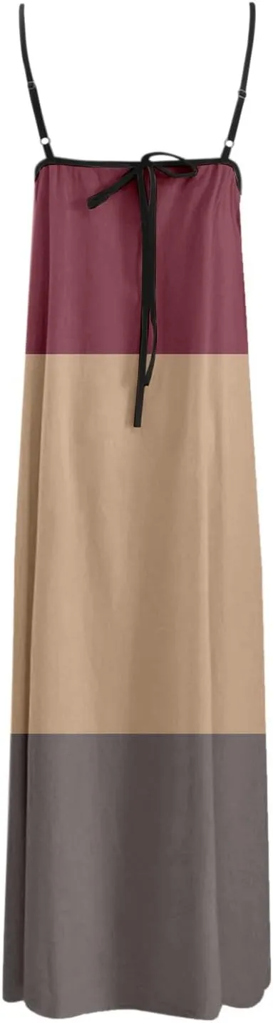 Womens Linen Maxi Dress Contrast Trim Spaghetti Straps Summer Outfits Sleeveless Long Dresses Women's Maxi Dress