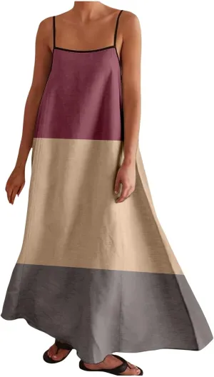 Womens Linen Maxi Dress Contrast Trim Spaghetti Straps Summer Outfits Sleeveless Long Dresses Women's Maxi Dress