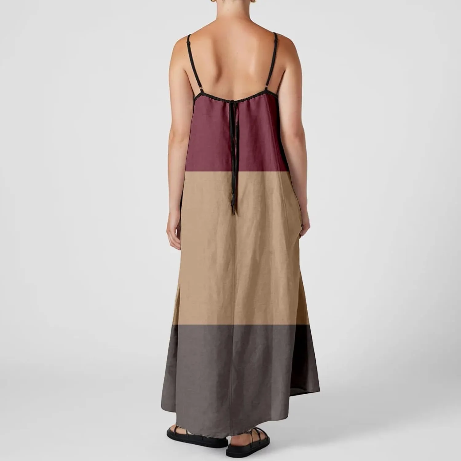 Womens Linen Maxi Dress Contrast Trim Spaghetti Straps Summer Outfits Sleeveless Long Dresses Women's Maxi Dress