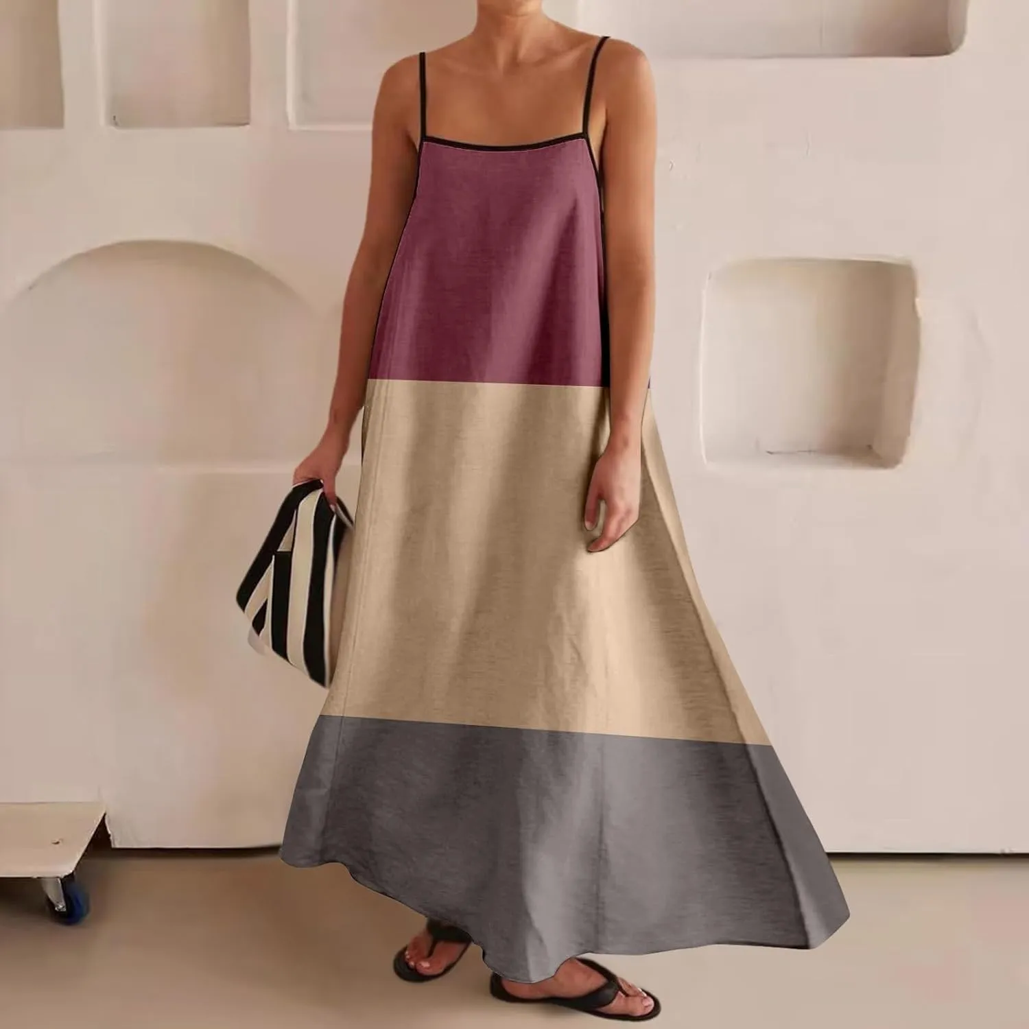 Womens Linen Maxi Dress Contrast Trim Spaghetti Straps Summer Outfits Sleeveless Long Dresses Women's Maxi Dress