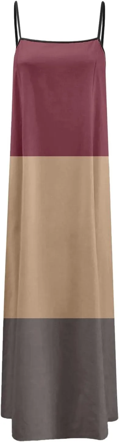 Womens Linen Maxi Dress Contrast Trim Spaghetti Straps Summer Outfits Sleeveless Long Dresses Women's Maxi Dress