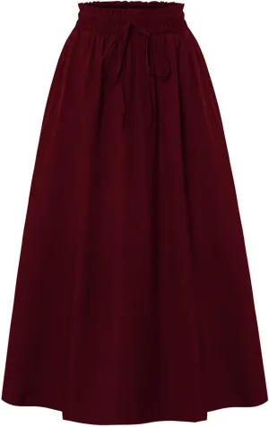 Womens Linen Mid Length Skirt Summer Drawstring High Waisted Skirt Pleated A Line Knee Length Skirts with Pockets