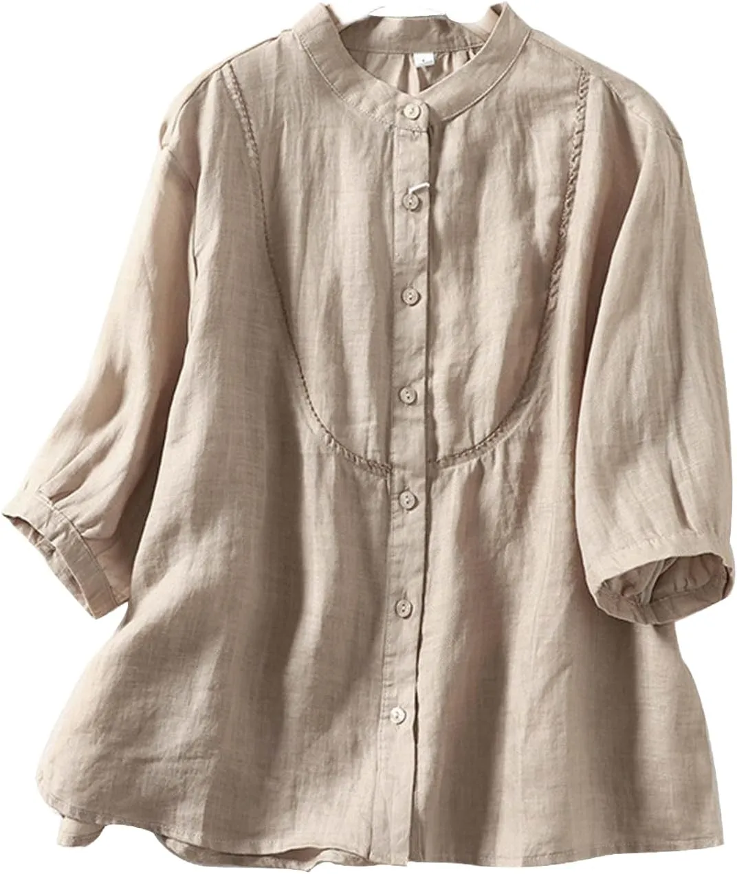 Women's Linen Shirts Cotton Trendy Casual Solid Crewneck 3/4 Sleeve Blouses Button Loose Summer Beach T Shirt 2025