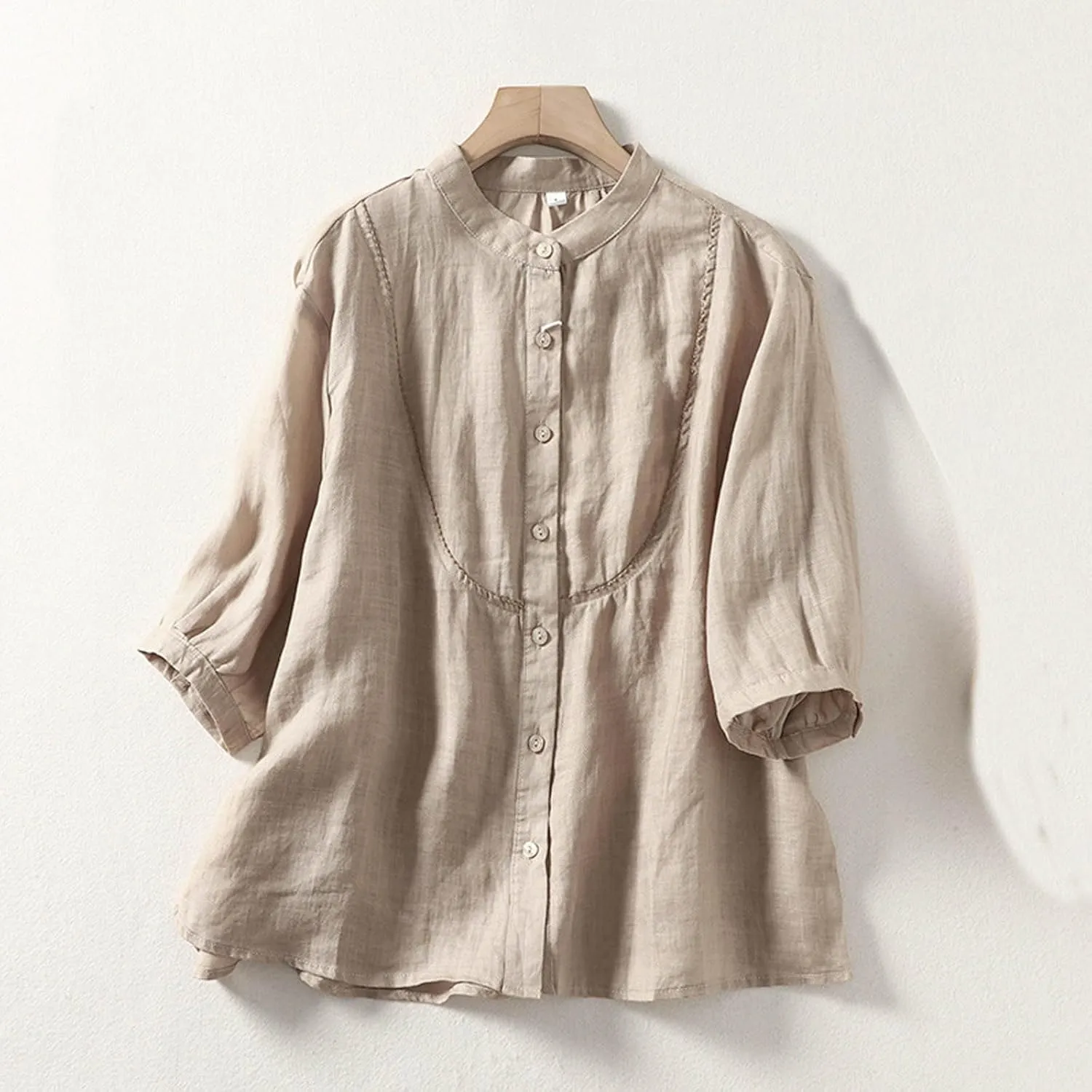 Women's Linen Shirts Cotton Trendy Casual Solid Crewneck 3/4 Sleeve Blouses Button Loose Summer Beach T Shirt 2025