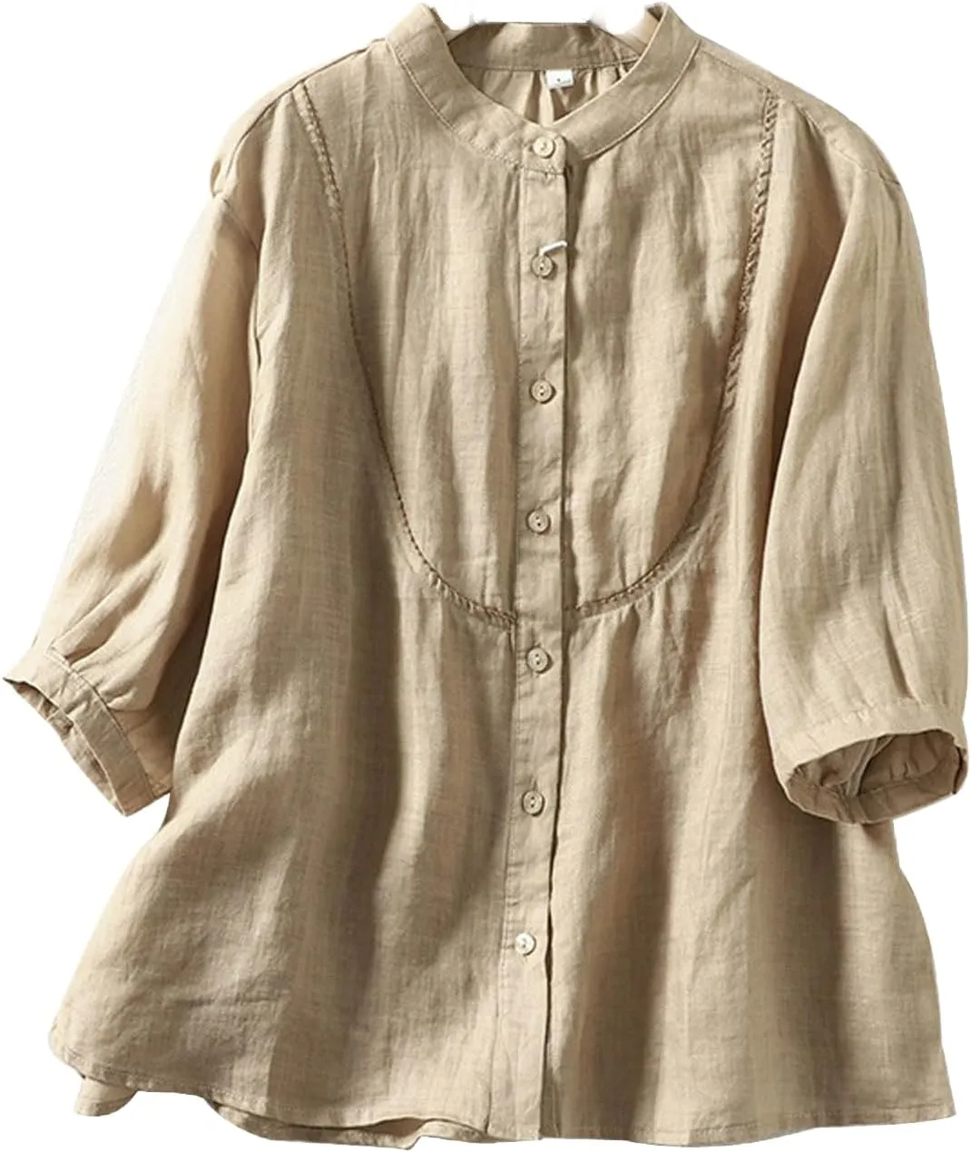 Women's Linen Shirts Cotton Trendy Casual Solid Crewneck 3/4 Sleeve Blouses Button Loose Summer Beach T Shirt 2025