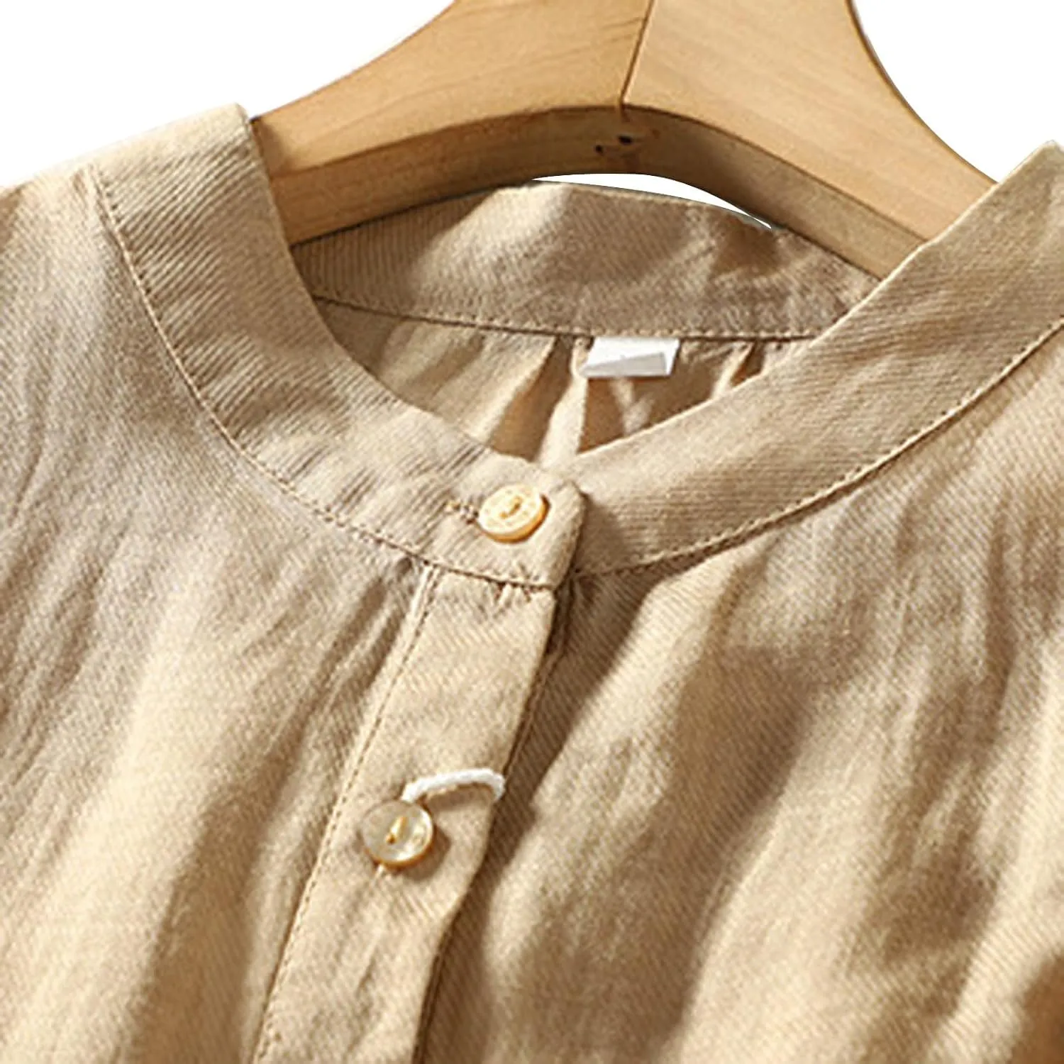 Women's Linen Shirts Cotton Trendy Casual Solid Crewneck 3/4 Sleeve Blouses Button Loose Summer Beach T Shirt 2025