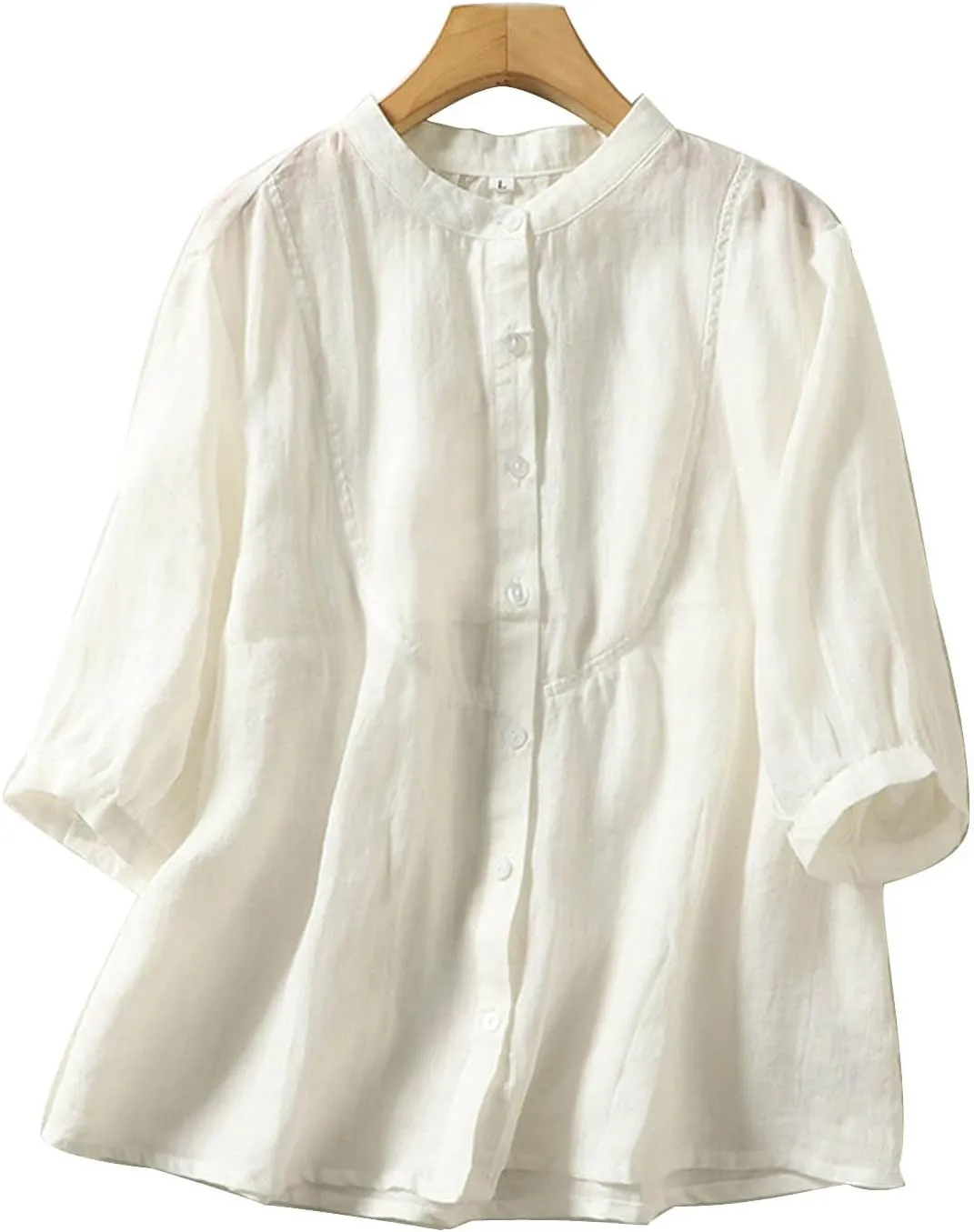 Women's Linen Shirts Cotton Trendy Casual Solid Crewneck 3/4 Sleeve Blouses Button Loose Summer Beach T Shirt 2025