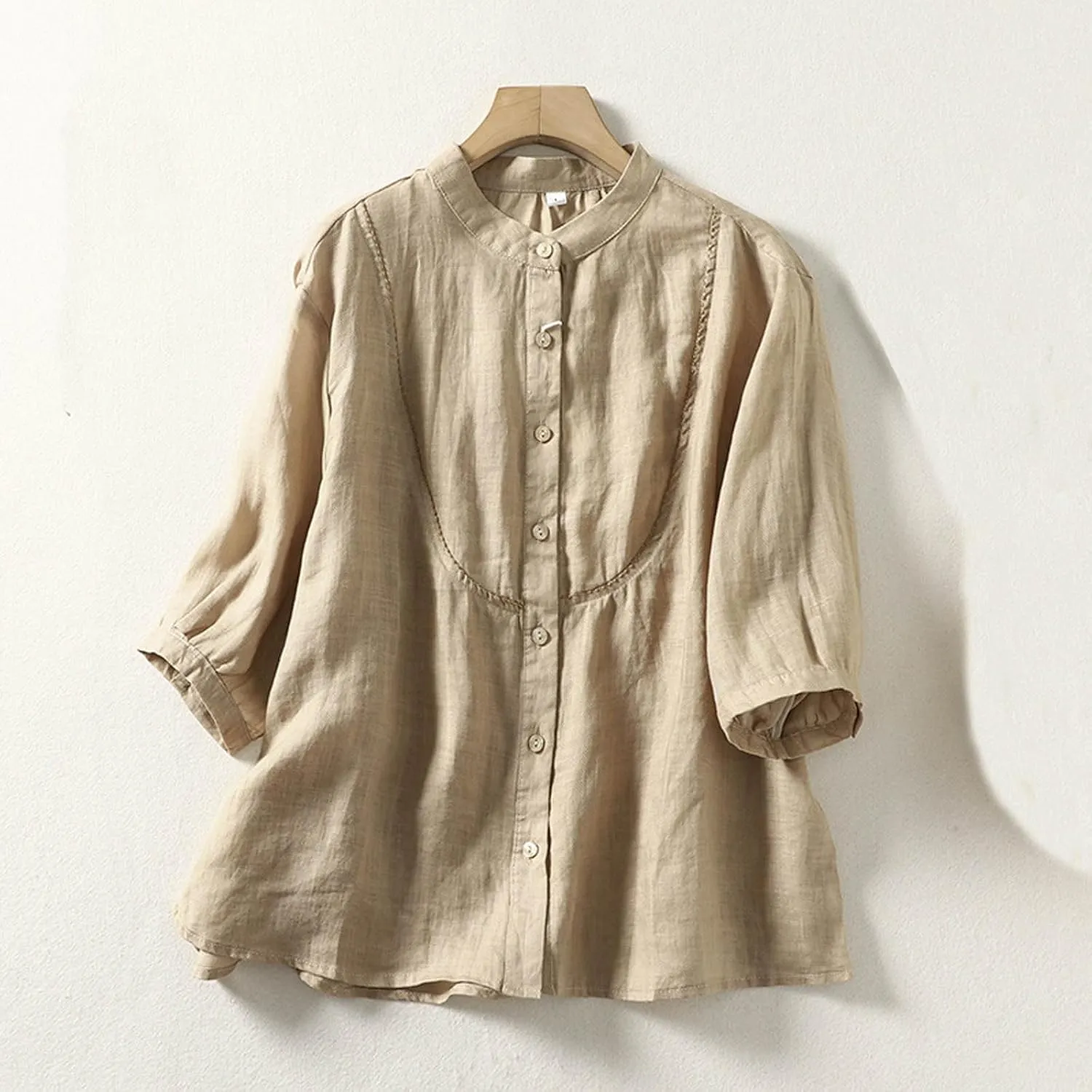 Women's Linen Shirts Cotton Trendy Casual Solid Crewneck 3/4 Sleeve Blouses Button Loose Summer Beach T Shirt 2025