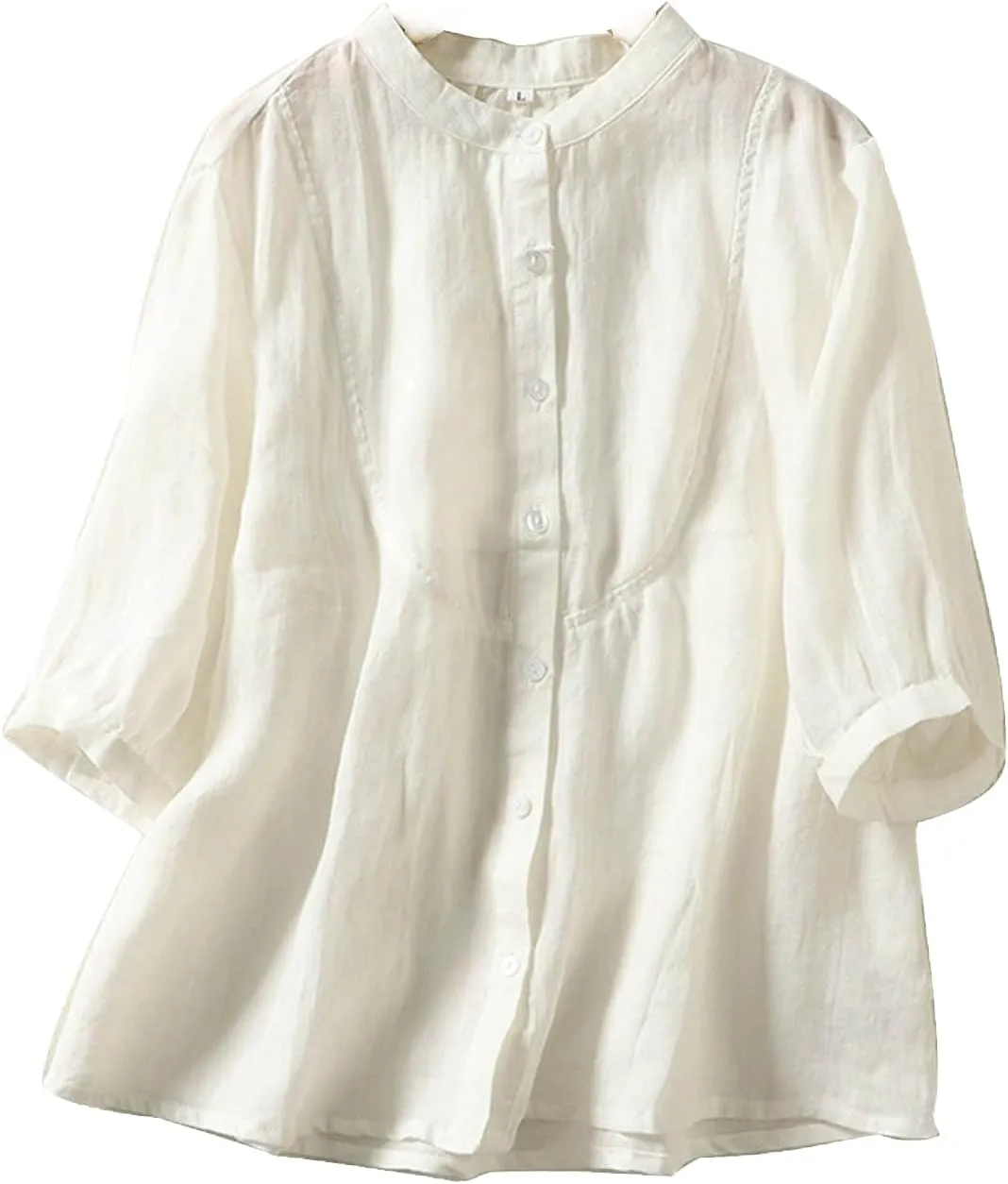 Women's Linen Shirts Cotton Trendy Casual Solid Crewneck 3/4 Sleeve Blouses Button Loose Summer Beach T Shirt 2025