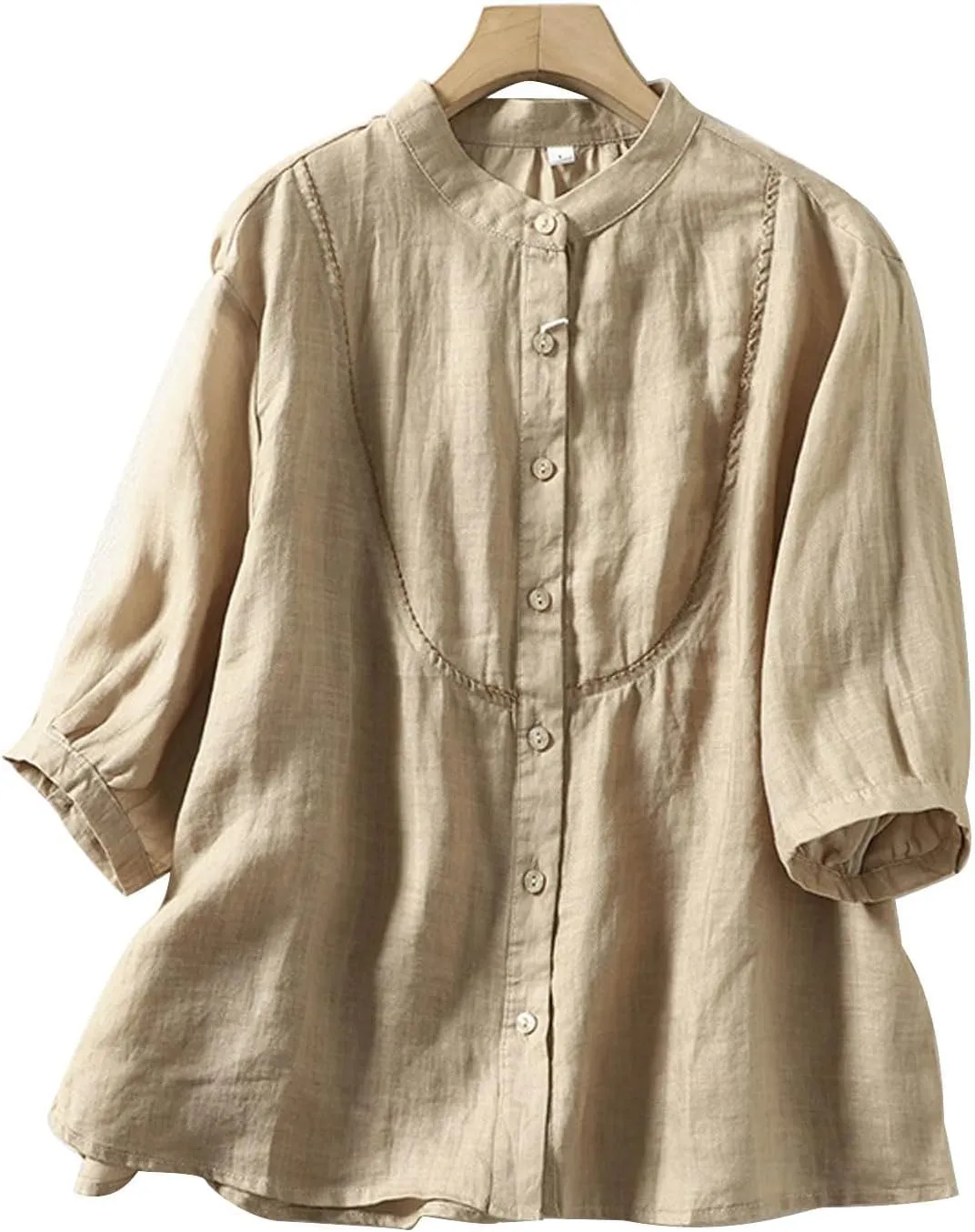 Women's Linen Shirts Cotton Trendy Casual Solid Crewneck 3/4 Sleeve Blouses Button Loose Summer Beach T Shirt 2025