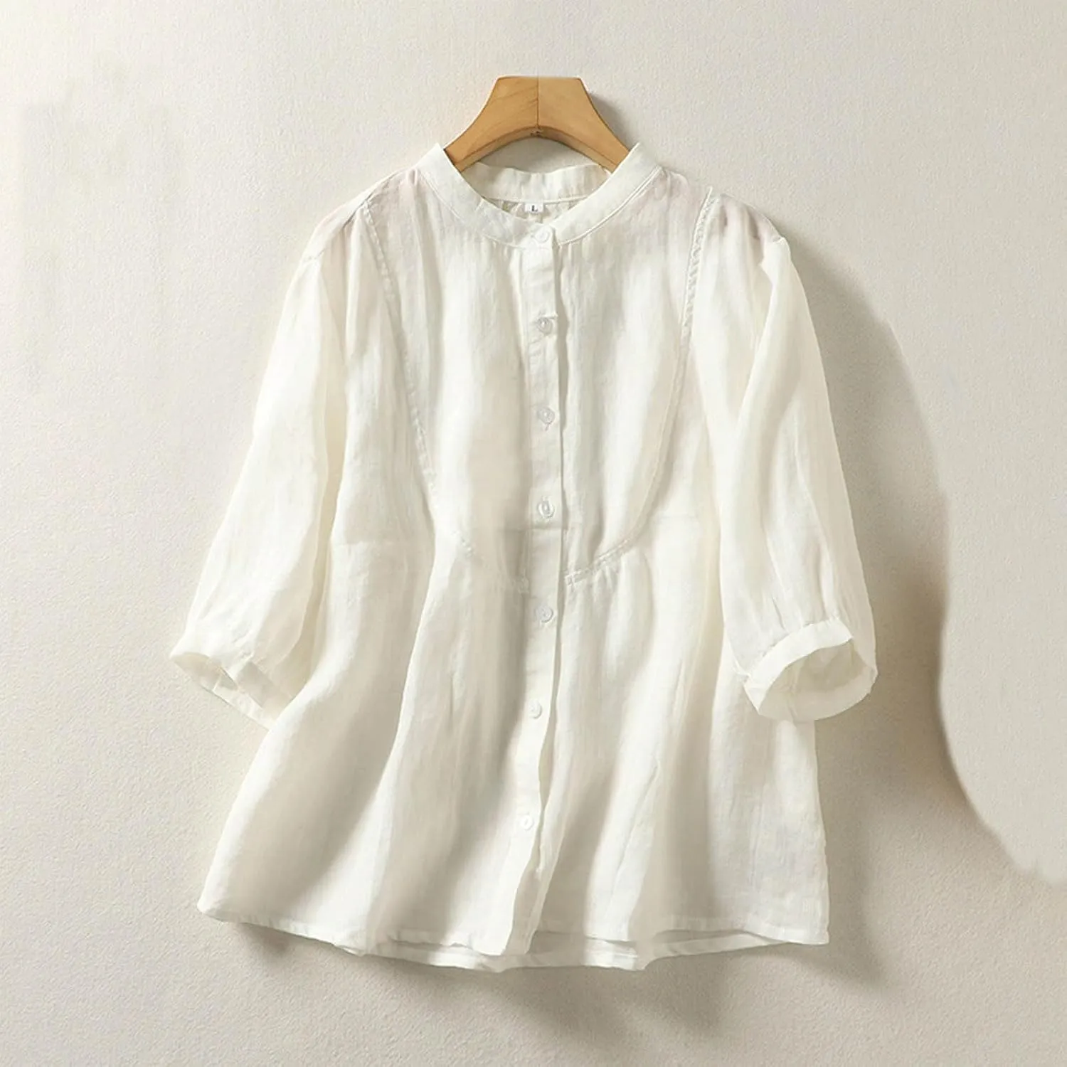 Women's Linen Shirts Cotton Trendy Casual Solid Crewneck 3/4 Sleeve Blouses Button Loose Summer Beach T Shirt 2025