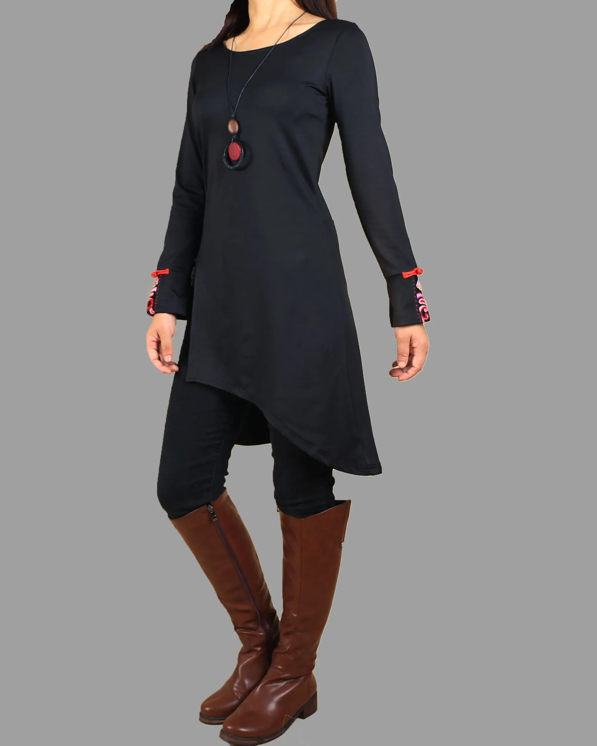 Women's Long Sleeve t-shirt/Asymmetrical Cotton tunic dress/black tunic Top/embroidered dress(Y1508)