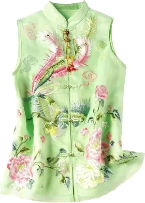 Women's Mandarin Collar Embroidered Vest Breathable Sleeveless Organza Waistcoat with Side Splits Wedding Guest Top