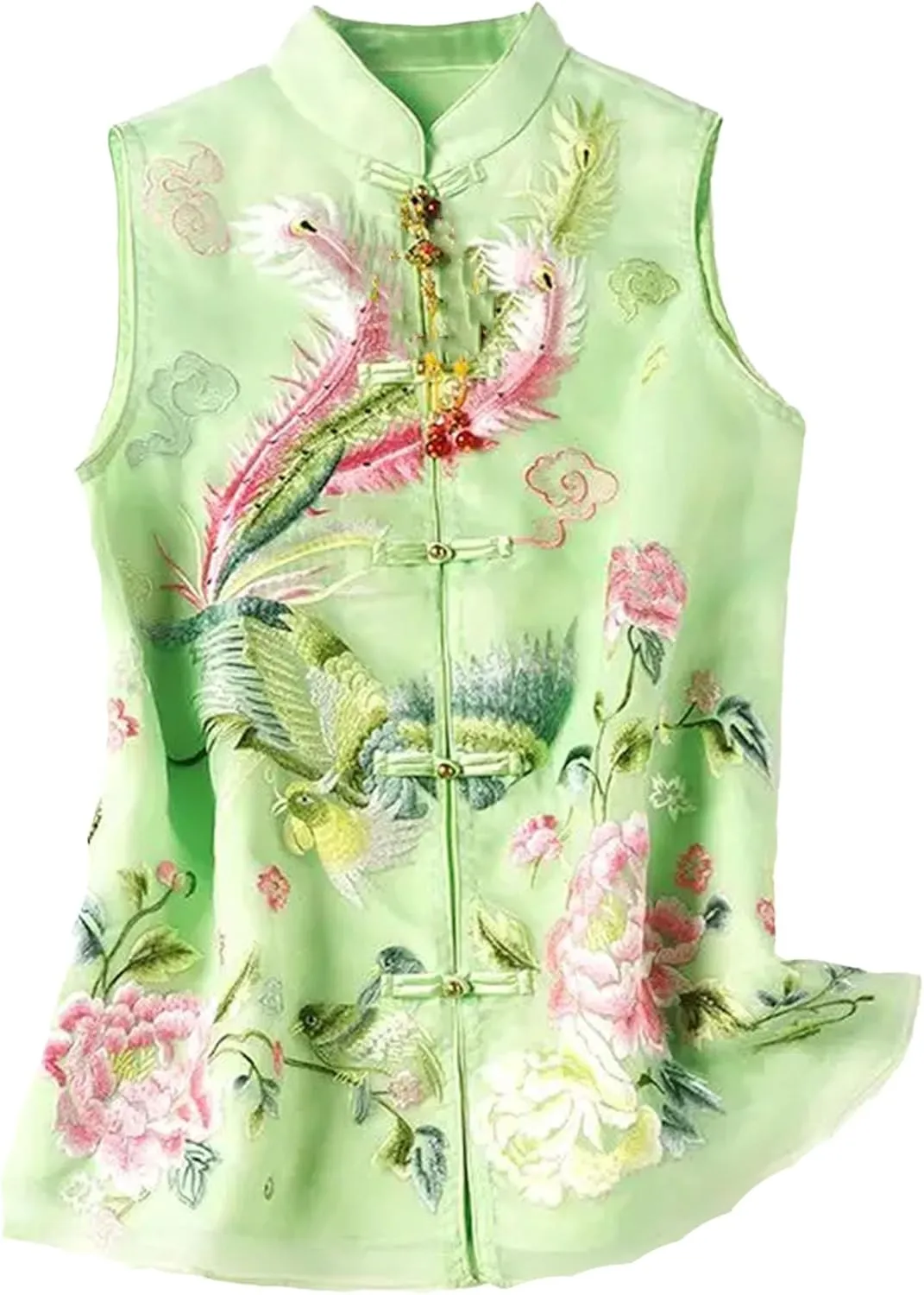 Women's Mandarin Collar Embroidered Vest Breathable Sleeveless Organza Waistcoat with Side Splits Wedding Guest Top