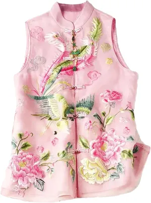 Women's Mandarin Collar Embroidered Vest Breathable Sleeveless Organza Waistcoat with Side Splits Wedding Guest Top
