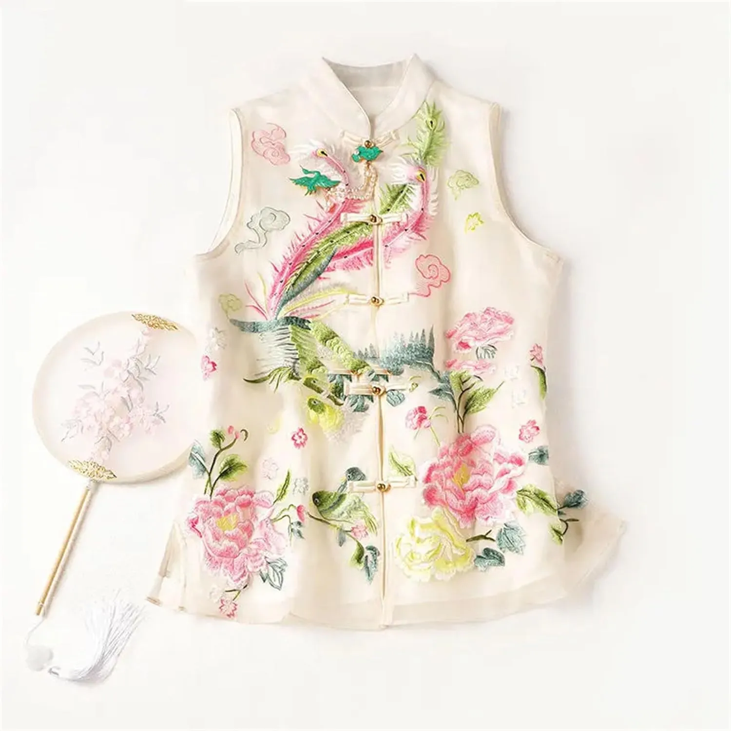 Women's Mandarin Collar Embroidered Vest Breathable Sleeveless Organza Waistcoat with Side Splits Wedding Guest Top