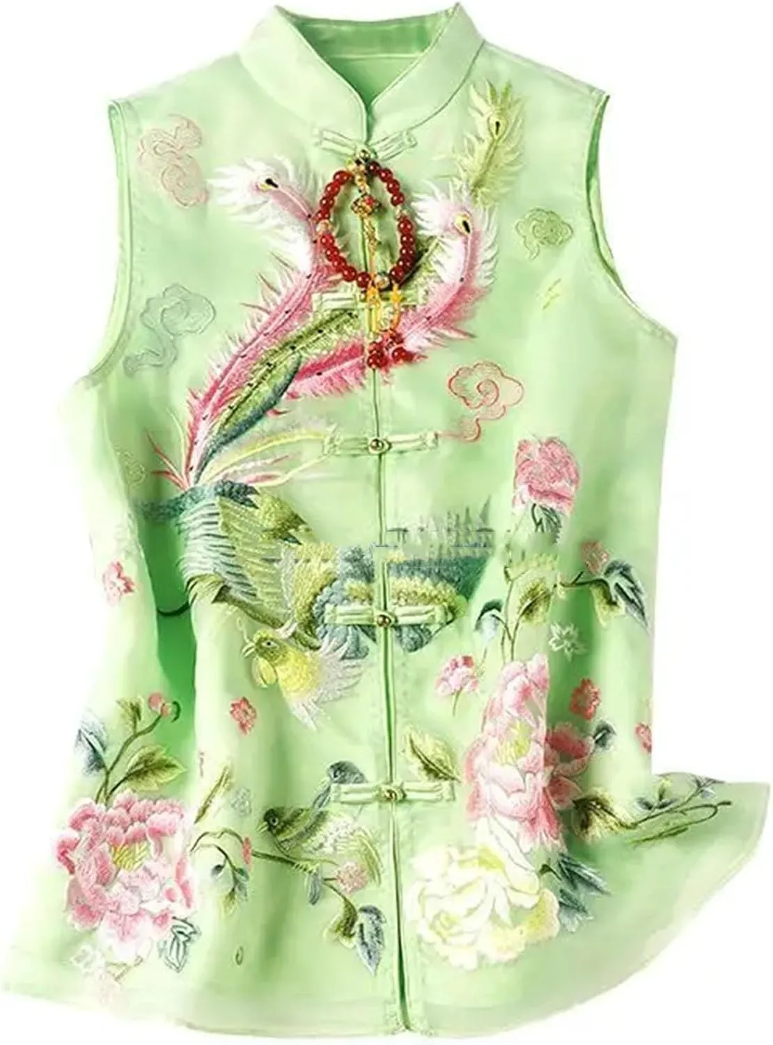 Women's Mandarin Collar Embroidered Vest Breathable Sleeveless Organza Waistcoat with Side Splits Wedding Guest Top