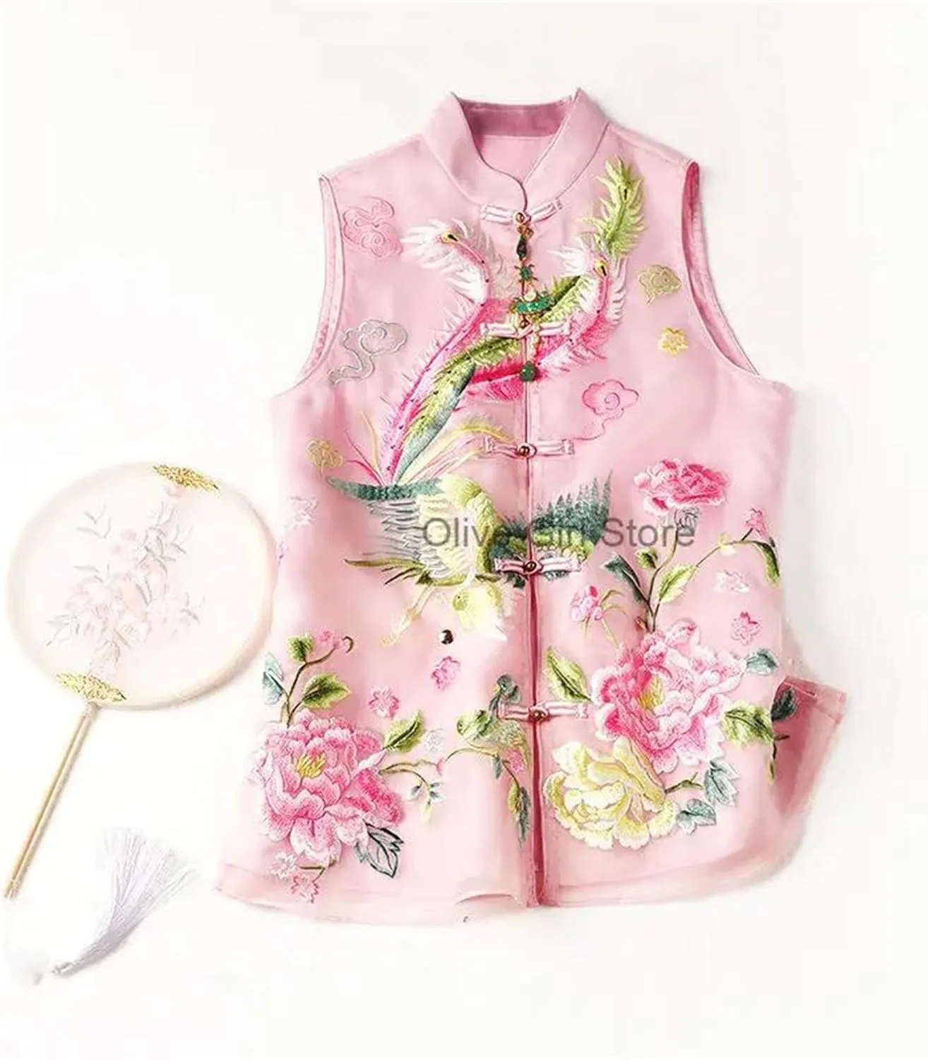Women's Mandarin Collar Embroidered Vest Breathable Sleeveless Organza Waistcoat with Side Splits Wedding Guest Top