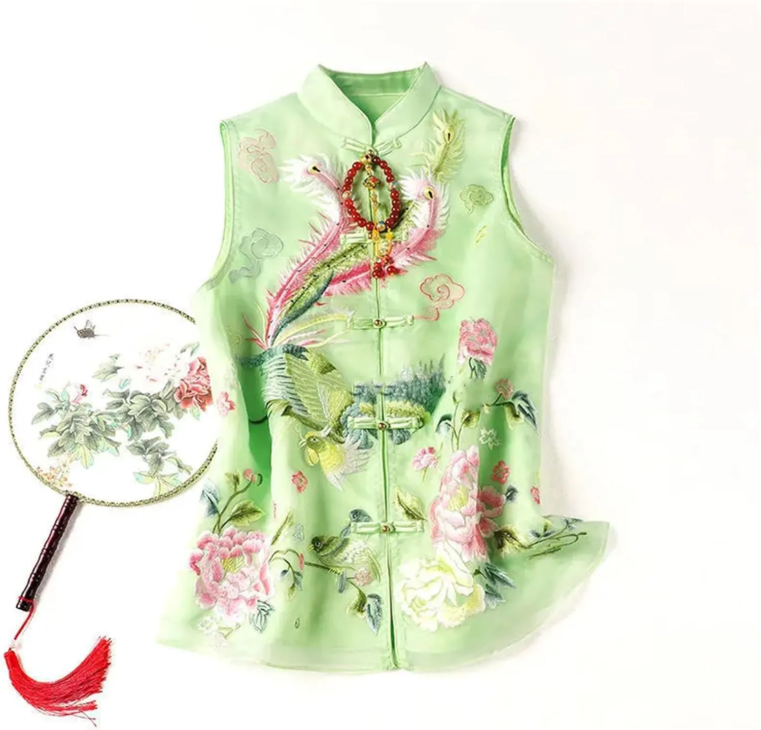 Women's Mandarin Collar Embroidered Vest Breathable Sleeveless Organza Waistcoat with Side Splits Wedding Guest Top