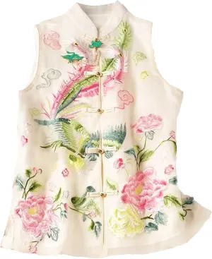 Women's Mandarin Collar Embroidered Vest Breathable Sleeveless Organza Waistcoat with Side Splits Wedding Guest Top