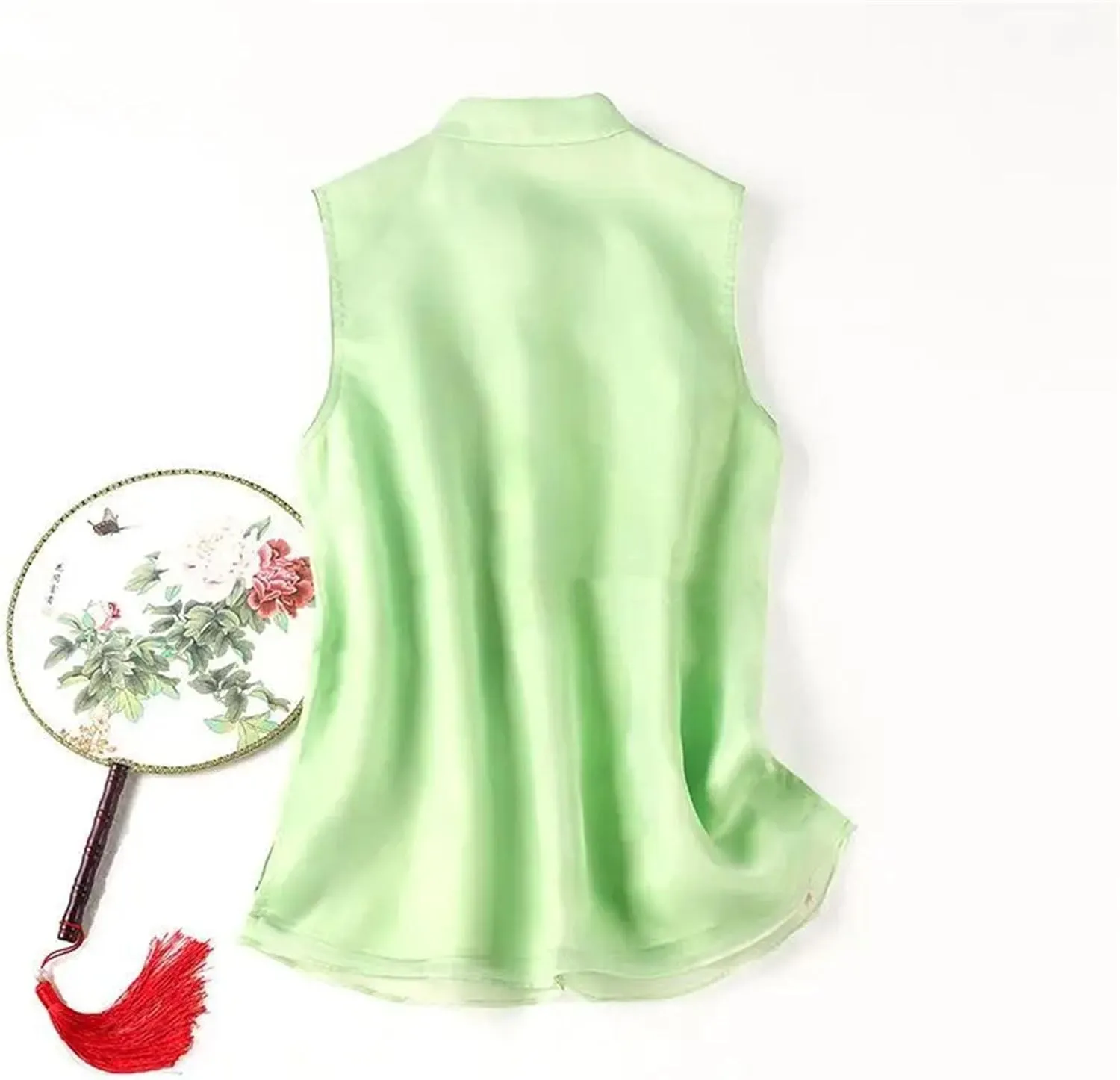 Women's Mandarin Collar Embroidered Vest Breathable Sleeveless Organza Waistcoat with Side Splits Wedding Guest Top