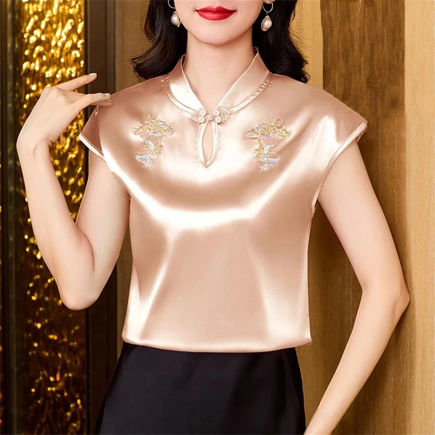 Women's Mandarin Collar Embroidered Vest - Lightweight & Breathable Cap Sleeve Blouse Summer Wedding Guest Outfit