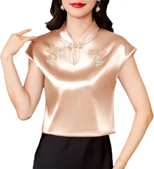 Women's Mandarin Collar Embroidered Vest - Lightweight & Breathable Cap Sleeve Blouse Summer Wedding Guest Outfit
