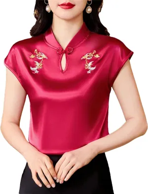 Women's Mandarin Collar Embroidered Vest - Lightweight & Breathable Cap Sleeve Blouse Summer Wedding Guest Outfit