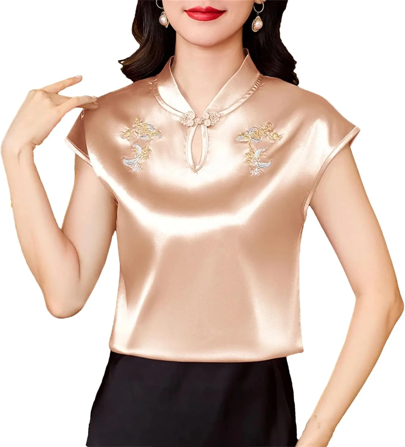 Women's Mandarin Collar Embroidered Vest - Lightweight & Breathable Cap Sleeve Blouse Summer Wedding Guest Outfit