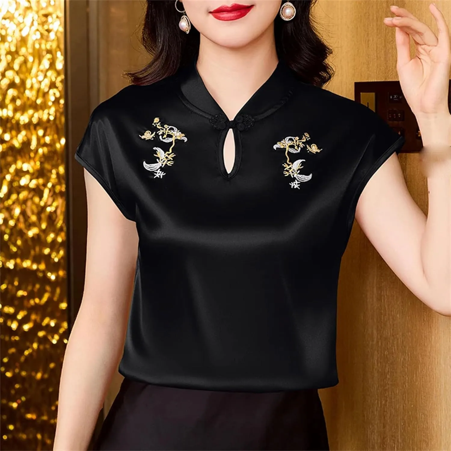 Women's Mandarin Collar Embroidered Vest - Lightweight & Breathable Cap Sleeve Blouse Summer Wedding Guest Outfit